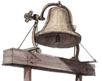 VINTAGE BRASS BELL - Drawing, Watercolor Painting, Ink and Watercolor, Railroad, Antique, Art Print, Sketchbook, Drawn There