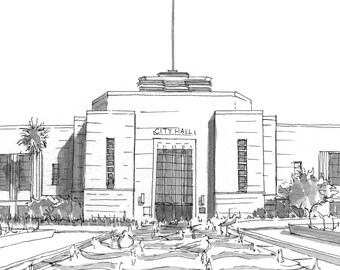 SANTA MONICA CALIFORNIA City Hall - Architecture, Art Deco, Pen and Ink, Drawing, Art, Sketchbook, Drawn There
