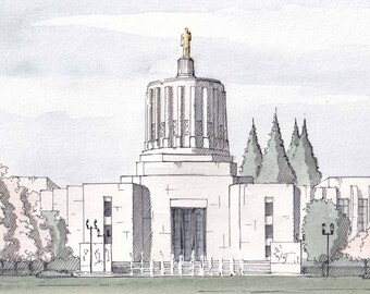 OREGON CAPITOL BUILDING - Salem, Art Deco, Architecture, Government Building, Drawing, Watercolor Painting, Art Print, Drawn There