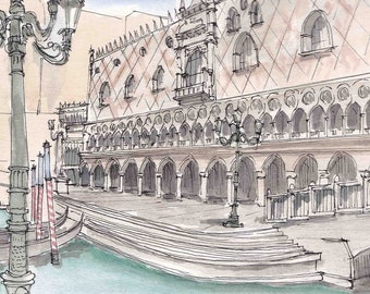 Ink and Watercolor Drawing of the Venetian Hotel In Las Vegas, Nevada - Italian Architecture, Gondola, Painting, Sketch, Art, 5x7, 8x10