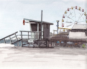 SANTA MONICA PIER - California, Ferris Wheel, Life Guard Stand, Beach, Drawing, Pen & Ink, Watercolor, Painting, Art Print, Drawn There
