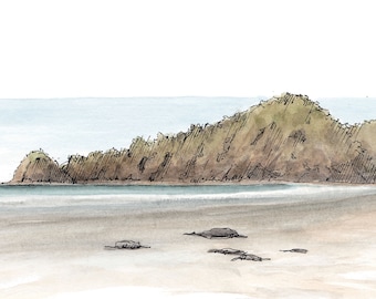 TROPICAL BEACH at low tide, Punta Islita, Costa Rica - Ink and Watercolor, Tropical, Drawing, Art Print, Sketchbook, Ocean, Drawn There