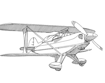 PITS AEROBATIC BIPLANE - Airplane,  Plane, Fly, Travel, Flight, Ink Drawing, Line Drawing, Art, Print, Drawn There