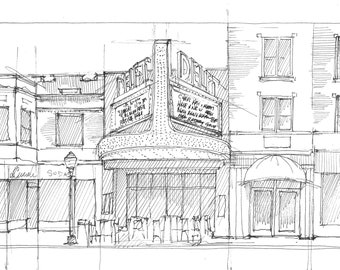 DELFT THEATER BISTRO - Marquette Michigan, Marquee, Architecture, Ink Line Drawing Sketch, Urbansketcher Art, Drawn There