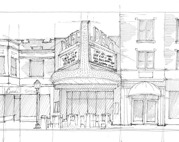 DELFT THEATER BISTRO - Marquette Michigan, Marquee, Architecture, Ink Line Drawing Sketch, Urbansketcher Art, Drawn There