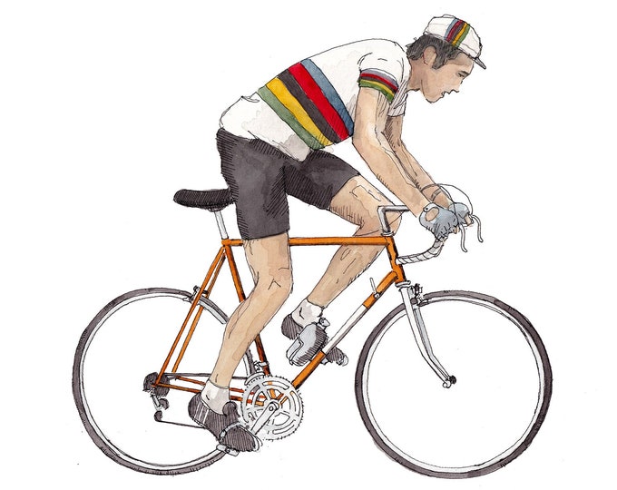 EDDIE MERCKX BIKE - Steel Frame Road Bike, 1960s Tour de France, Ink and Watercolor Painting, Sketchbook Art Print, Drawn There