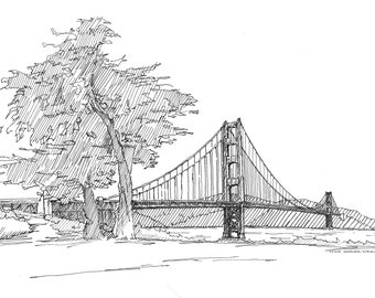 PONT GOLDEN GATE - San Francisco, Californie, baie, plume et encre, dessin, dessin au trait, impression d'art, carnet de croquis, dessiné là-bas