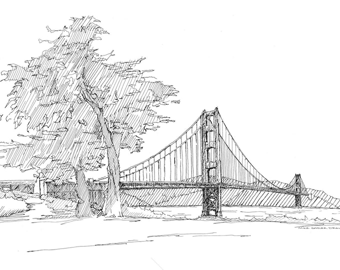 GOLDEN GATE BRIDGE - San Francisco, California, Bay, Pen and Ink, Drawing, Line Drawing, Art Print, Sketchbook, Drawn There