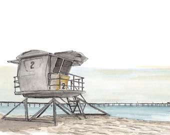 LIFEGUARD STAND - Ocean Beach, San Diego, California, Architecture, Pier, Art, Watercolor, Painting, Drawing, Sketchbook, Drawn There