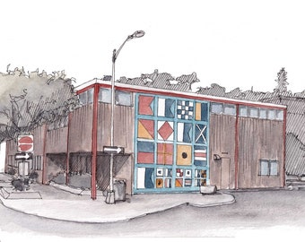 SAUSALITO NAUTICAL FLAGS - Bank of America, Architecture, Urbansketcher, Plein Air Watercolor Painting, Giclee Print, Art, Drawn There