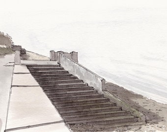ALKI BEACH STAIRS - West Seattle, Puget Sound, Sea Wall Steps, Drawing, Plein Air Watercolor Painting, Sketchbook, Art, Drawn There