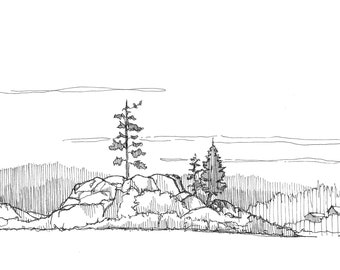 BIG BEAR LAKE - Rocky Island, California, Trees, Rocks, Water, Mountains, Ink, Line Drawing, Art, Sketchbook, Landscape Drawing, Drawn There