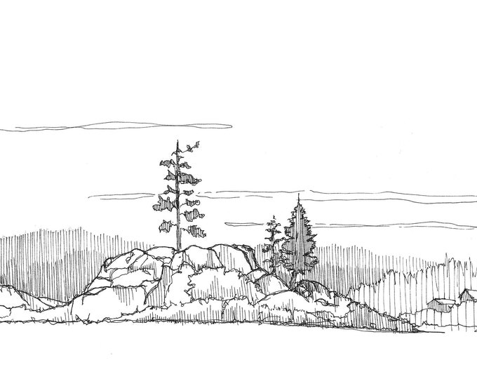 BIG BEAR LAKE - Rocky Island, California, Trees, Rocks, Water, Mountains, Ink, Line Drawing, Art, Sketchbook, Landscape Drawing, Drawn There