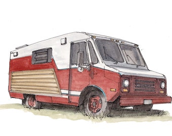 CLASSIC STEP VAN - Vanlife, Tiny House, Red, White, Truck, Conversion, diy, Ink and Watercolor, Painting, Drawing, Art Print, Drawn There