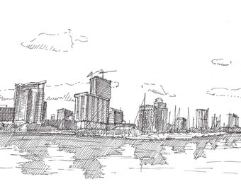 ST PETERSBURG SKYLINE - Florida, Architecture, Downtown, Skyscraper, Water, Reflection, Pen and Ink, Drawing, Sketchbook, Drawn There