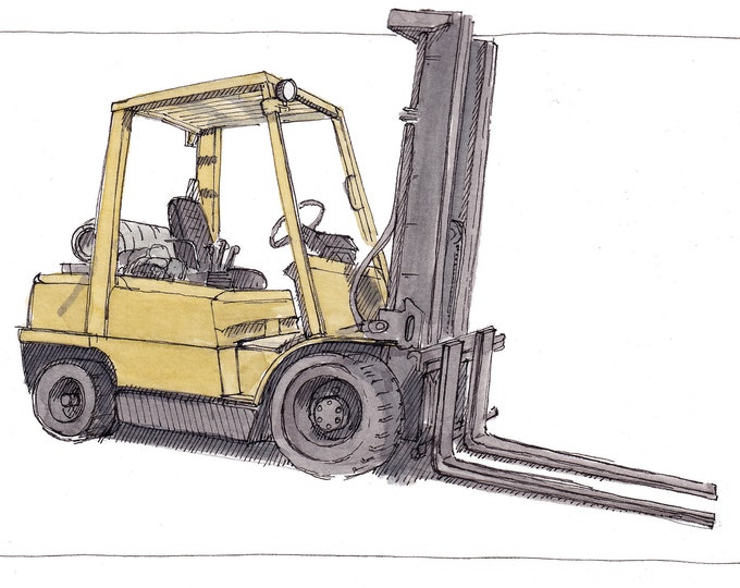 YELLOW FORKLIFT - Loading Dock, Operator, Cargo, Freight, Shipping, Drawing, Ink and Watercolor Painting, Sketchbook, Art, Drawn There