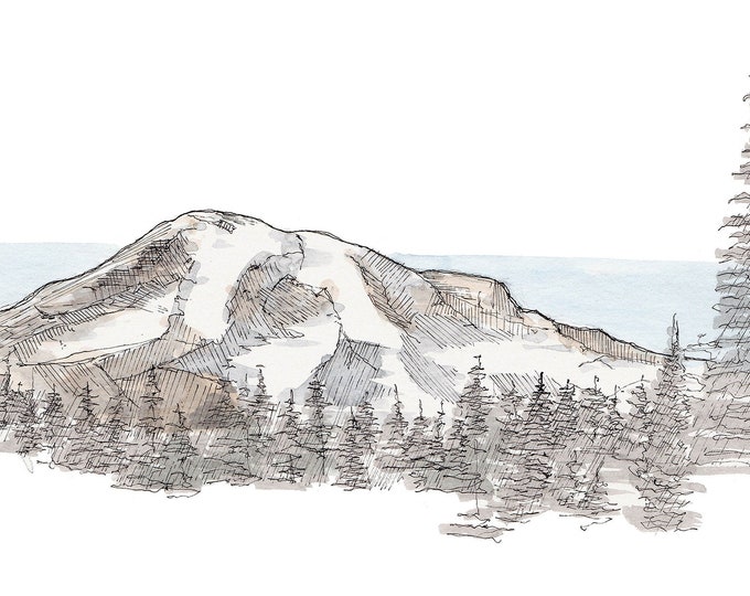 MOUNT RAINIER National Park - Ink and Watercolor, Art Prints, Drawing, Painting, Mountain, Landscape, Glaciers, Nature, Drawn There