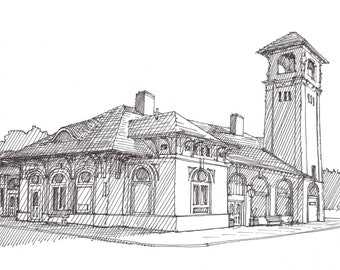 LAKE GEORGE Steamboat Terminal - New York, Mission Style Architecture, Drawing, Pen and Ink, Sketchbook, Art, Drawn There