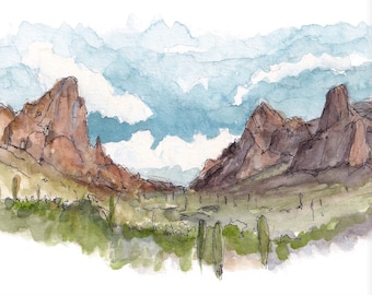 KOFA QUEEN CANYON - Kofa Wildlife Refuge, Yuma, Arizona, Watercolor Desert Landscape Painting, Wall Art Print, Drawn There