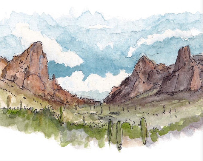 KOFA QUEEN CANYON - Kofa Wildlife Refuge, Yuma, Arizona, Watercolor Desert Landscape Painting, Wall Art Print, Drawn There