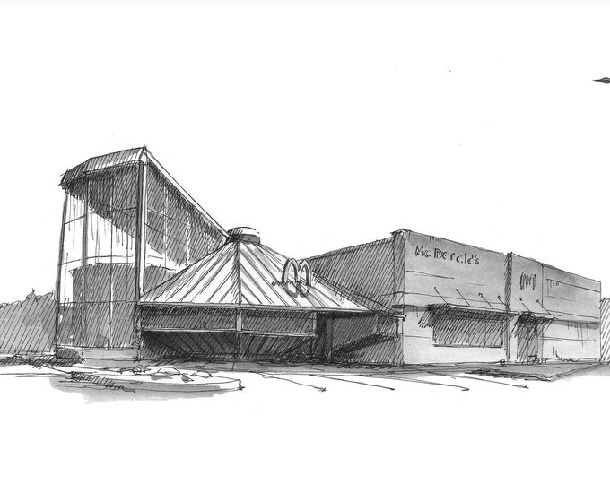 ROSWELL UFO McDONALDS - Pen and Ink Drawing of UFO shaped McDonalds in Roswell, New Mexico, Fast Food Wall Art Print, Drawn There