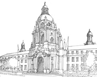 PASADENA CITY HALL - Classical Architecture, Urbansketcher, Drawing, Pen and Ink, Sketchbook, Art, Drawn There