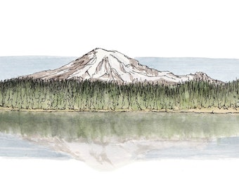 MOUNT RAINIER National Park - Ink and Watercolor, Art Prints, Drawing, Painting, Mountain, Landscape, Lake, Reflection, Drawn There