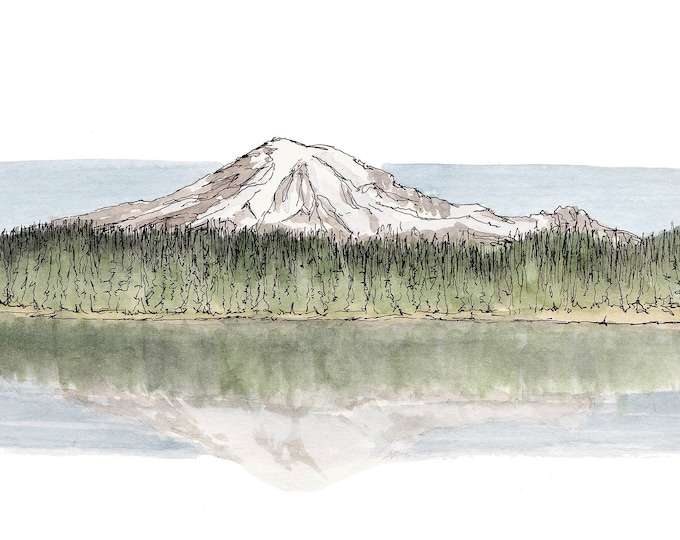 MOUNT RAINIER National Park - Ink and Watercolor, Art Prints, Drawing, Painting, Mountain, Landscape, Lake, Reflection, Drawn There