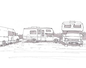 CAMPER VAN and RVs - Beach Camping, Vanlife, Sprinter, Toyota, Drawing, Pen and Ink, Sketchbook, VanThere, Slowcarfasthome, Drawn There