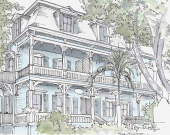 KEY WEST HOUSE - Florida, Victorian, Pastel, Architecture, Drawing, Pen and Ink, Watercolor, Painting, Sketchbook, Art, Drawn There