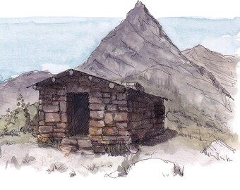GLACIER NATIONAL PARK - Gunsight Pass Trail Shelter, Montana Hiking Art, Ink and Watercolor Plein Air Painting, Art, Drawn There