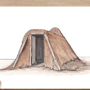 May include: A hand-drawn illustration of a Navajo Hogan mud hut, a traditional dwelling, with a doorway and a rounded, earthen roof. The drawing is in brown and beige tones, with a white background.