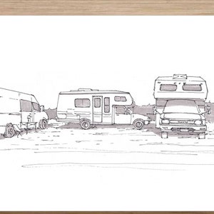 CAMPER VAN and RVs - Beach Camping, Vanlife, Sprinter, Toyota, Drawing, Pen and Ink, Sketchbook, VanThere, Slowcarfasthome, Drawn There