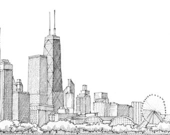 CHICAGO SKYLINE - Architecture, ville, lac Michigan, Willis Tower, Sears Tower, Art, plume et encre, Dessin, Carnet de croquis, Dessiné là-bas