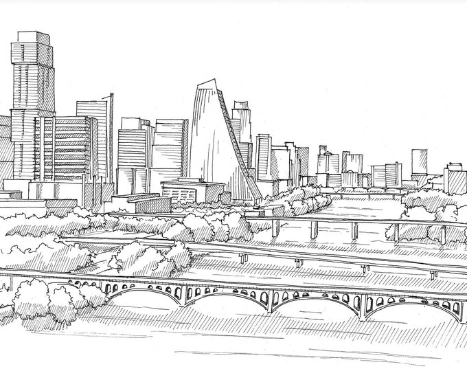 AUSTIN TEXAS SKYLINE - Colorado River, Downtown Architecture, Ink Line Drawing Art Print, Drawn There