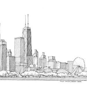 CHICAGO SKYLINE - Architecture, City, Lake Michigan, Willis Tower, Sears Tower, Art, Pen and Ink, Drawing, Sketchbook, Drawn There