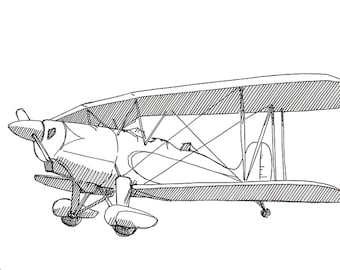 GREAT LAKES BIPLANE - Stunt Plane, Airplane,  Fly, Travel, Flight, Ink Drawing, Line Drawing, Art, Print, Drawn There