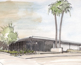 PALM SPRINGS Art Museum Architecture and Design - Pen and Ink, Drawing, Watercolor, Painting, Art Print, Sketchbook, Drawn There
