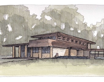 GORDON HOUSE Frank Lloyd Wright - Salem, Oregon, PNW, Architecture, Mid Century, Ink and Watercolor Painting, Sketchbook, Art, Drawn There