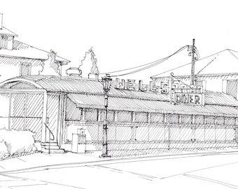WELLSBORO DINER, PENNSYLVANIA - Tioga County, Main Street, Architecture, Pen and Ink, Sketchbook, Drawing, Pen and Ink, Art, Drawn There