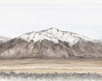 SNOWY SIERRA MOUNTAINS Near Bishop, California - Ink and Watercolor, Drawing, Painting, Art Print, Snow, Mountain, Drawn There