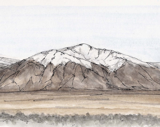 SNOWY SIERRA MOUNTAINS Near Bishop, California - Ink and Watercolor, Drawing, Painting, Art Print, Snow, Mountain, Drawn There