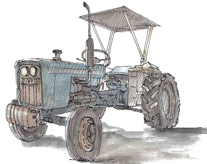 OLD FORD TRACTOR - Pen and Ink, Drawing, Painting, Watercolor, Sketchbook, Art, Farm, Vintage, Antique, Blue, Rusty, Drawn There