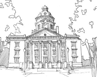 COLQUITT COUNTY COURTHOUSE - Moultrie, Georgia, Architecture, Government Building, Neoclassical, Ink Drawing, Art, Sketchbook, Drawn There