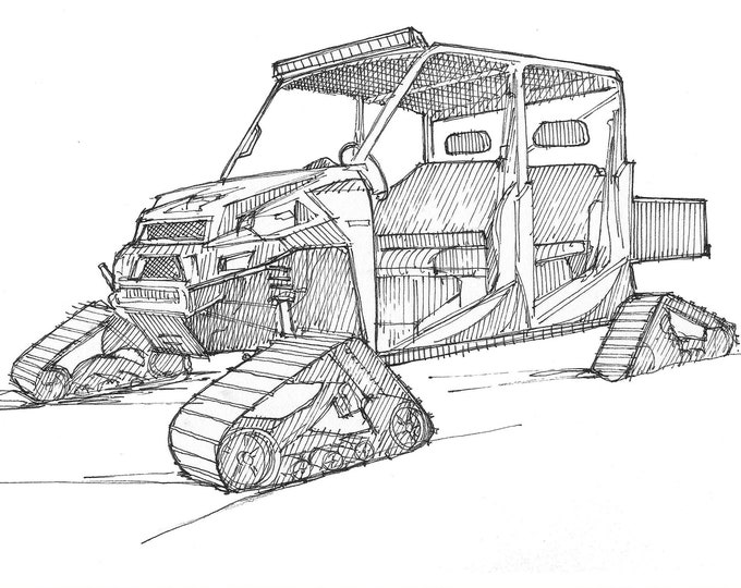 SIDE BY SIDE with snow tracks, Polaris - rzr, Winter, Snow, Ski Patrol, Pen and Ink, Drawing, Sketchbook, Drawn There, Line Drawing