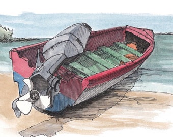 CARIBBEAN BOAT - Island Life, Wooden Boat, Red, White, Blue, Beach, Jamaica, Ink and Watercolor, Drawing, Painting, Sketchbook, Drawn There