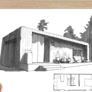 PREFAB TINY HOUSE - Modaal, Architectuur, Huis, Ontwerp, Tekening, Perspectief, Architectural Rendering, Pen en Inkt, Kunst, Print, Getekend er