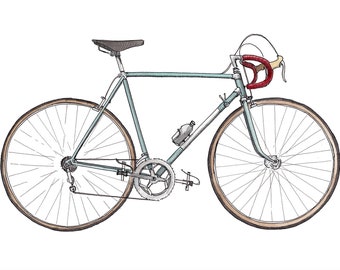 RETRO BIANCHI BICYCLE - Steel Frame Road Bike, 1960s Tour de France, Ink and Watercolor Painting, Sketchbook Art Print, Drawn There