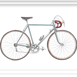 RETRO BIANCHI FIETS - Racefiets met stalen frame, Tour de France uit de jaren 60, Inkt en aquarel, Schetsboek Art Print, daar getekend