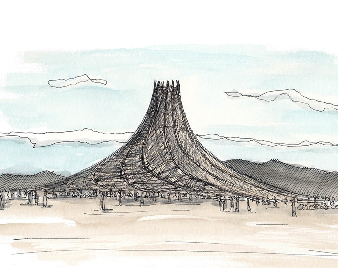 BLACK ROCK CITY - Temple, Ink and Watercolor, Drawing, Painting, Sketchbook, Architecture, Art, Print, Drawn There